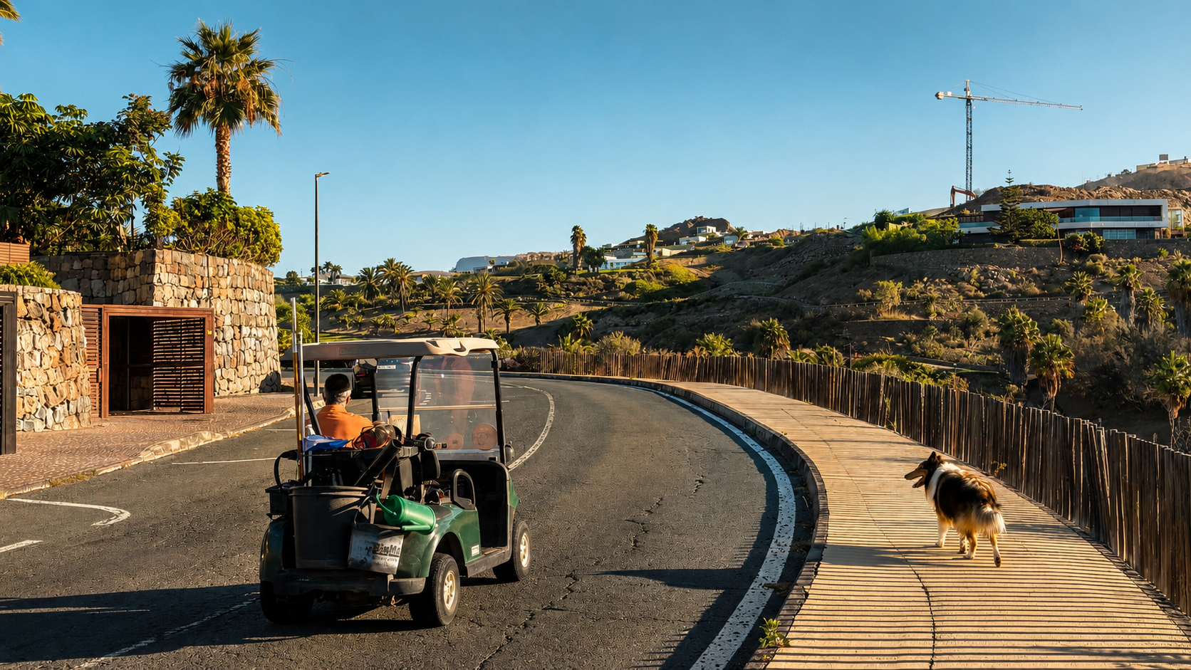 Gärtner mit Golfcart am frühen Morgen auf der Calle Swing im Salobre Golf Resort